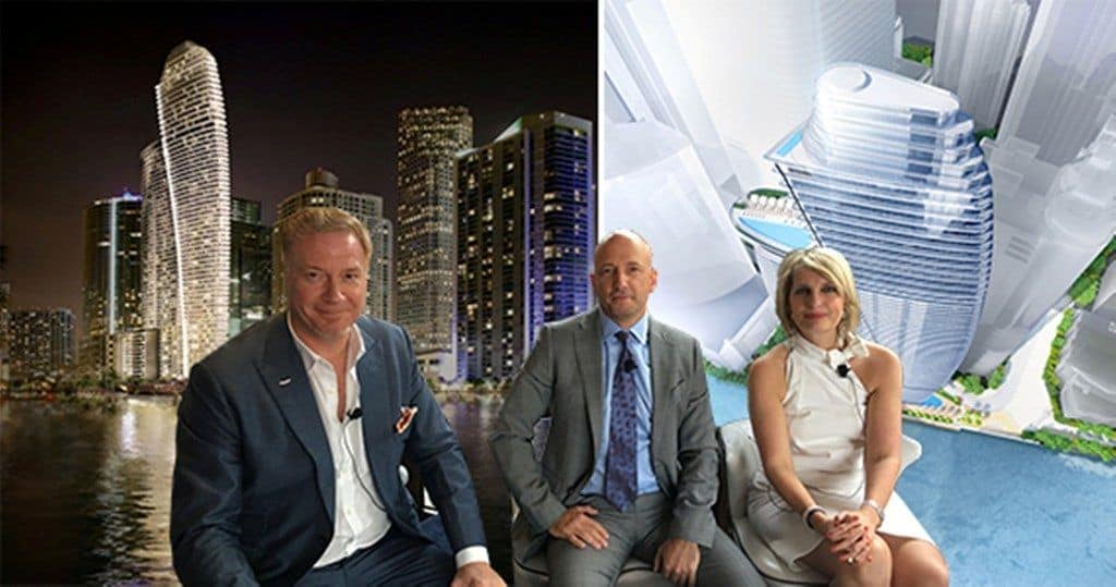 In Miami entsteht ein Wolkenkratzer mit Aston-Martin-Design 2 Sie stecken hinter dem Aston Martin Building (v.l.): Aston-Martin-Designchef Marek Reichman, Investor German Coto und Aston-Martin-Vizepräsidentin Katia Bassi.