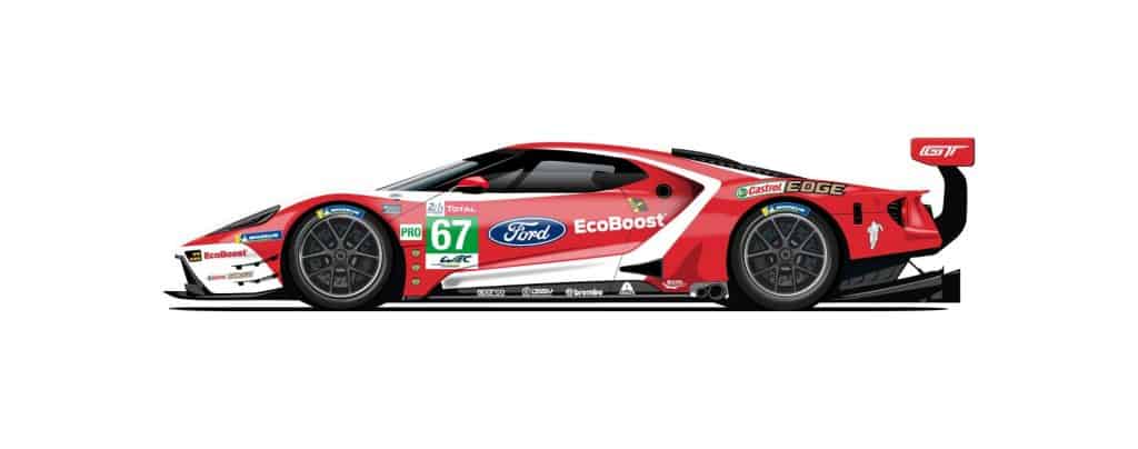 Ford mit Rennwagen in historischen Farben beim 24 Stunden von Le Mans 2 CGR Ford GT mit der Startnummer 67.