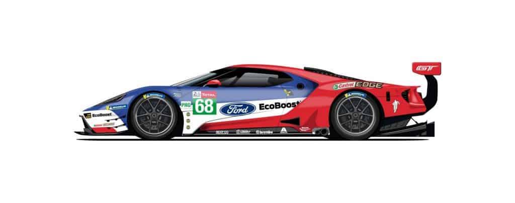 Ford mit Rennwagen in historischen Farben beim 24 Stunden von Le Mans 3 2016 errangen Dirk Müller (Burbach), Joey Hand (USA) und Sébastien Bourdais (F) mit der Startnummer 68 den jüngsten Le-Mans-Sieg für Ford.
