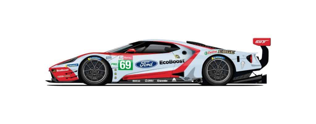 Ford mit Rennwagen in historischen Farben beim 24 Stunden von Le Mans 4 Der Wagen mit der Startnummer 69 greift das Design des damals Zweitplatzierten GT40 auf.