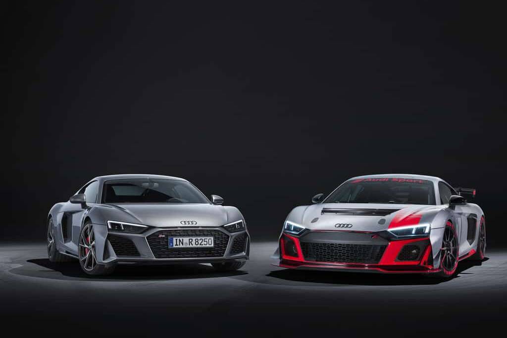 Im R8 gehen 540 PS auf die Hinterachse 11 Audi R8 5.2 FSI Coupé und R8 LMS GT4 (von links).