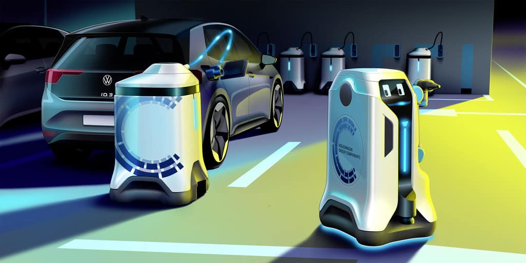 Wenn der Roboter zum Laden vorbeikommt 1 Studie eines mobilen, robotergesteuerten Ladesystems von Volkwagen Komponente.