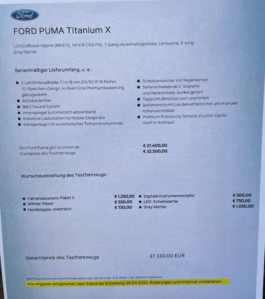 Ford Puma (2022) - ein echter Hingucker 18 Ford Puma Technische Daten